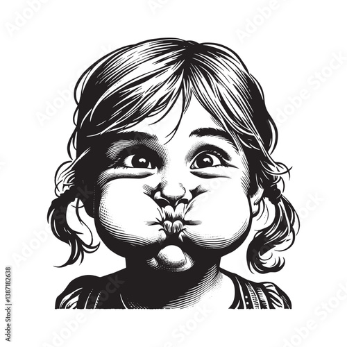 Monochrome illustration of a playful little girl puffing out her cheeks