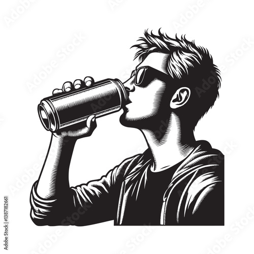 Monochrome illustration of a stylish man quenching his thirst with a canned beverage