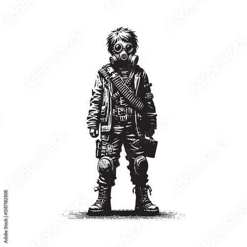 Monochrome illustration of kid dressed in dystopian future survivor attire