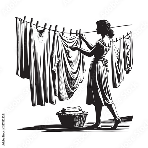 Monochrome illustration of laundry day routine woman hanging clothesline