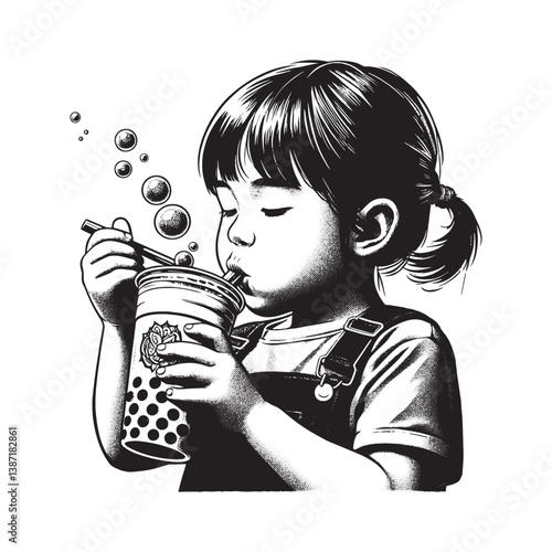 Monochrome illustration of little girl enjoying her boba tea refreshment drink