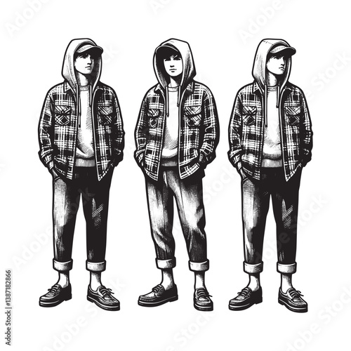 Monochrome Illustration of Young Adult Fashion in Woodcut Style, Detailed Outfit