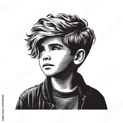 Monochrome portrait depicting a young boy in a stylized woodcut aesthetic