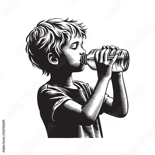 Monochrome linocut depiction of a child drinking water from a plastic bottle