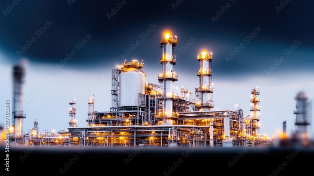 Fototapeta premium A large petrochemical refinery is shown, featuring tall towers and interconnected structures. The image is composed with a slightly low angle, emphasizing the refinerys height. Its a high-quality ph