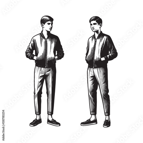 Monochrome Woodcut Depiction of Young Men in Bomber Jackets and Loafers