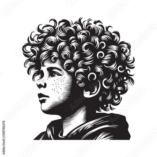 Monochrome woodcut drawing of a boy with curly hair gazing wistfully