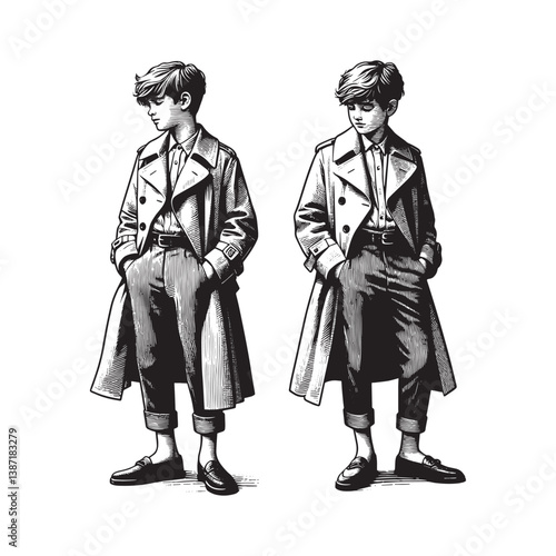 Monochrome woodcut drawing of a young boy in trench coat and loafers