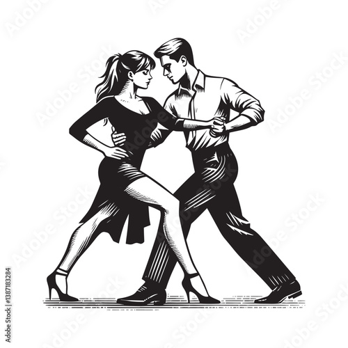 Monochrome woodcut illustration featuring a passionate tango dance encounter