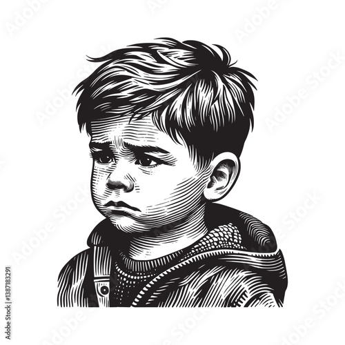 Monochrome woodcut drawing portraying the nuanced emotions of a young boy