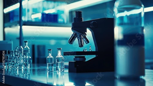 Microscope in Science Lab: A meticulously lit, photorealistic shot capturing the essence of scientific exploration. A gleaming microscope stands as a symbol of discovery and innovation.