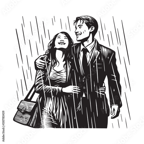 Monochrome woodcut illustration of a couple enjoying the rain with embrace