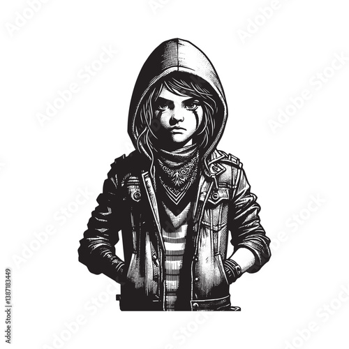 Monochrome woodcut illustration of a determined child in urban fashion