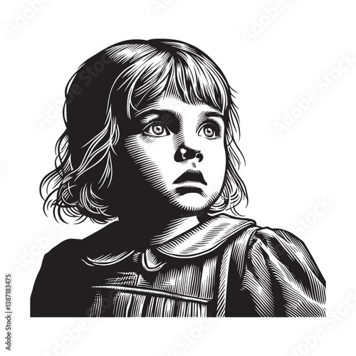 Monochrome woodcut illustration of a young girl expressing wonderment