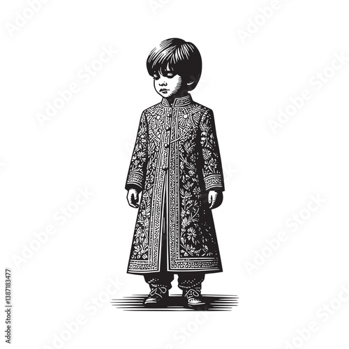 Monochrome woodcut illustration of child in Sherwani festive attire