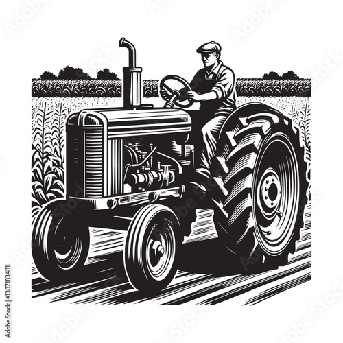 Monochrome woodcut illustration of farmer driving vintage tractor in field