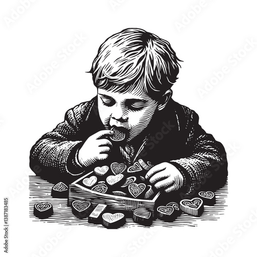 Monochrome woodcut illustration of child indulging in heart-shaped chocolates