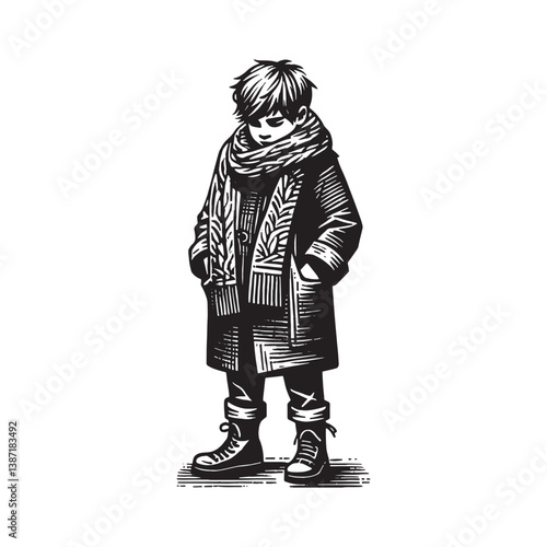 Monochrome woodcut of a boy dressed warmly in winter attire and a wool coat