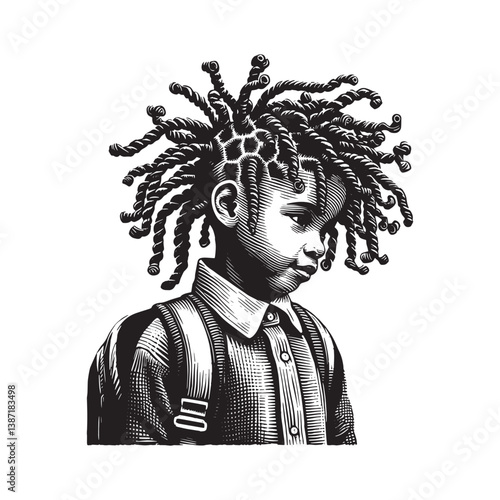 Monochrome woodcut illustration showcasing a child with twist hairstyle and classic attire