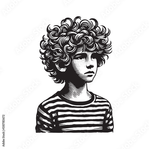 Monochrome woodcut style portrait showcasing a youth with voluminous curls