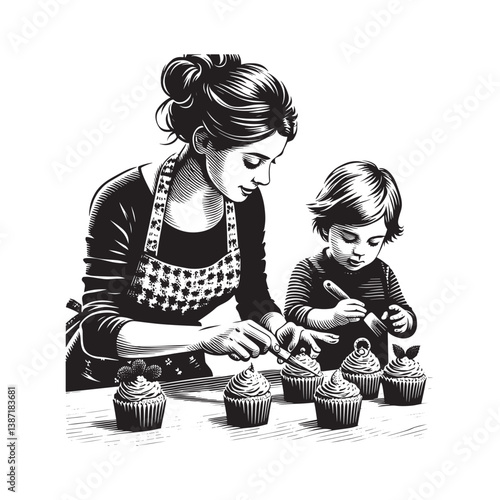 Mother and child decorate cupcakes together for a celebratory occasion