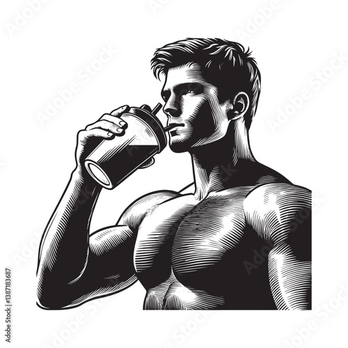 Muscular man drinks protein shake stylized in vintage woodcut style artwork