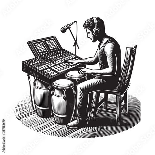 Musician mixing electronic music and percussion in woodcut style art