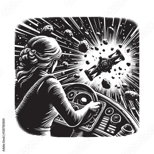 Navigating the Cosmic Gauntlet Woman piloting spaceship through asteroid field