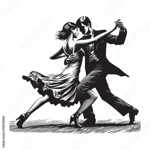 Passionate monochrome tango silhouette of a couple gracefully dancing together