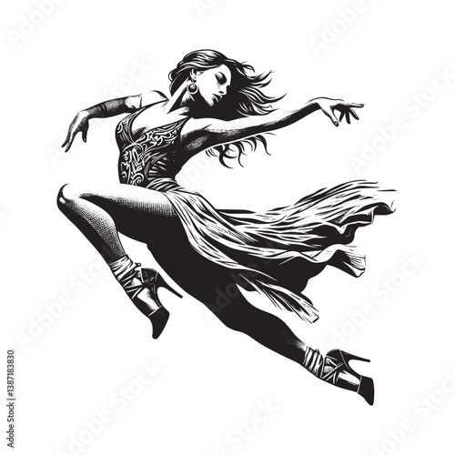 Passionate Rumba dancer depicted in a vintage woodcut style elegance and grace