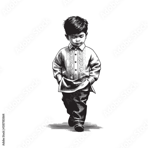 Pensive young boy in traditional Filipino Barong Tagalog attire art illustration