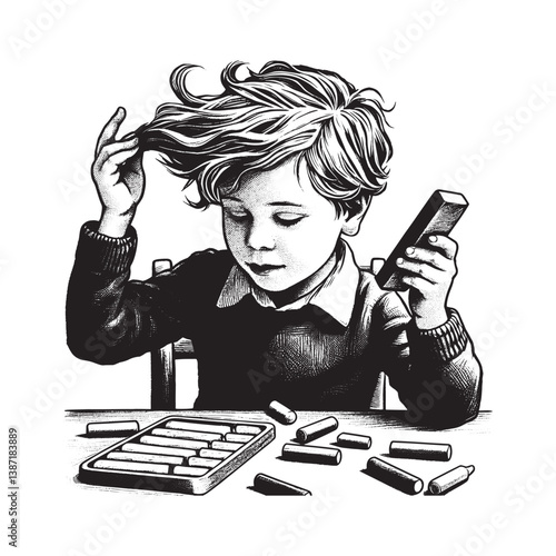 Pensive youngster with art supplies in a detailed woodcut style illustration