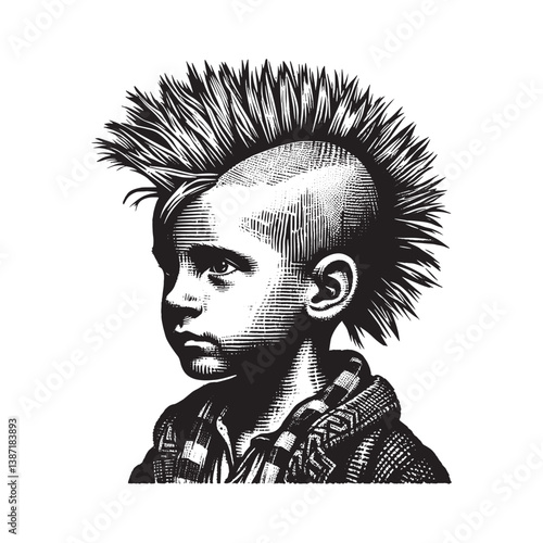 Portrait of a Young Boy with a Mohawk Hairstyle in Woodcut Style Artwork