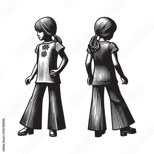 Retro style girl in bell bottoms tunic woodcut illustration drawing