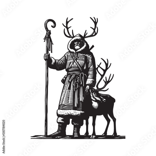 Sami inspired figure with reindeer graphic in a traditional woodcut style