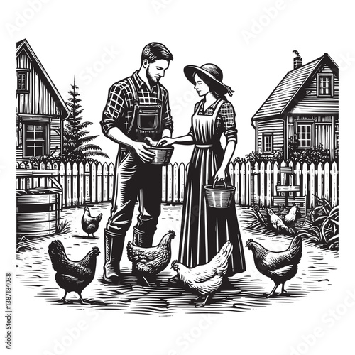 Rural Serenity Couple Tending Chickens on a Farm with Traditional Woodcut Charm