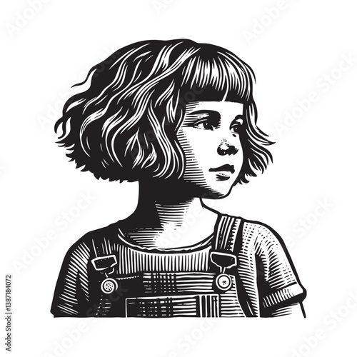 Serene child portrait in a textured woodcut style with playful hairstyle