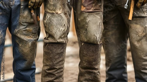 Rugged Workers: Close-up shot of hard-working individuals, showcasing their well-worn work pants, the essence of dedication and labor in the demanding world.