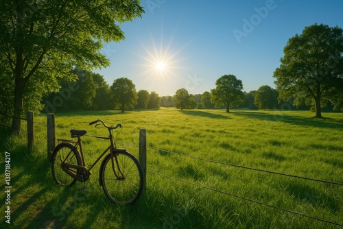Bicycle Resting on a Fence by a Sunny Green Meadow During Early Morning Hours