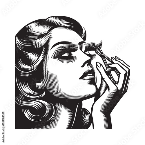 Sophisticated monochrome drawing of a woman applying magnetic eyelashes