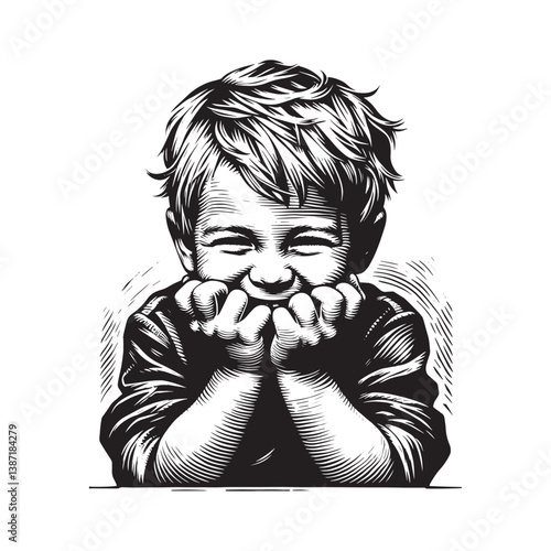 Smiling child portrait in woodcut illustration style displaying happiness