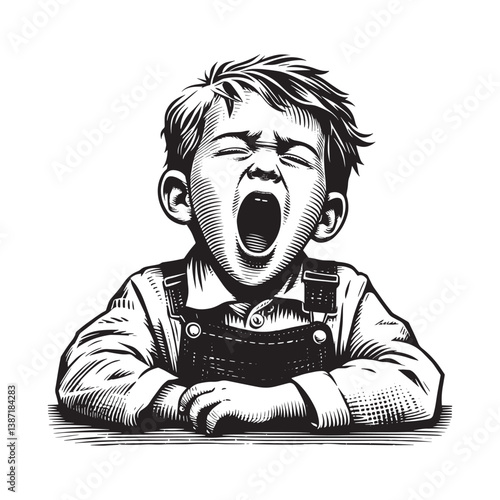 Sleepyhead sketch featuring a boy yawning with wide open mouth in detailed woodcut design
