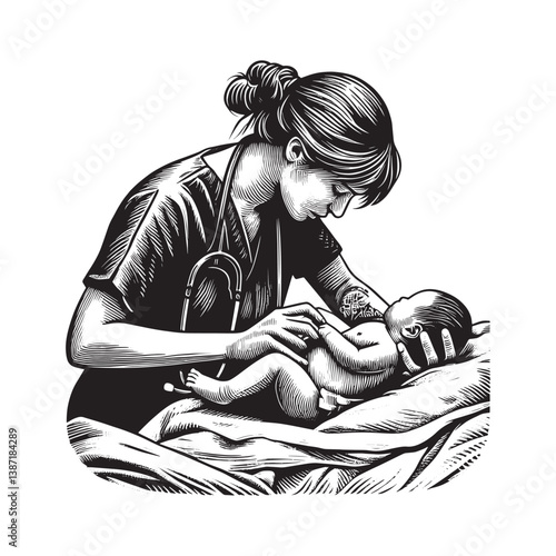 Skilled midwife attentively examining a newborn in a serene maternity setting