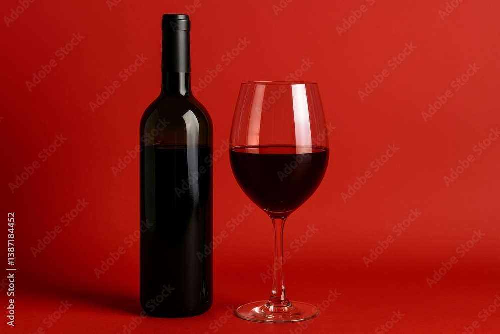 Elegant Red Wine Bottle and Glass on Vibrant Red Background During an Intimate Dining Setting Elegant Red Wine Bottle and Glass on Vibrant Red Background During an Intimate Dining Setting