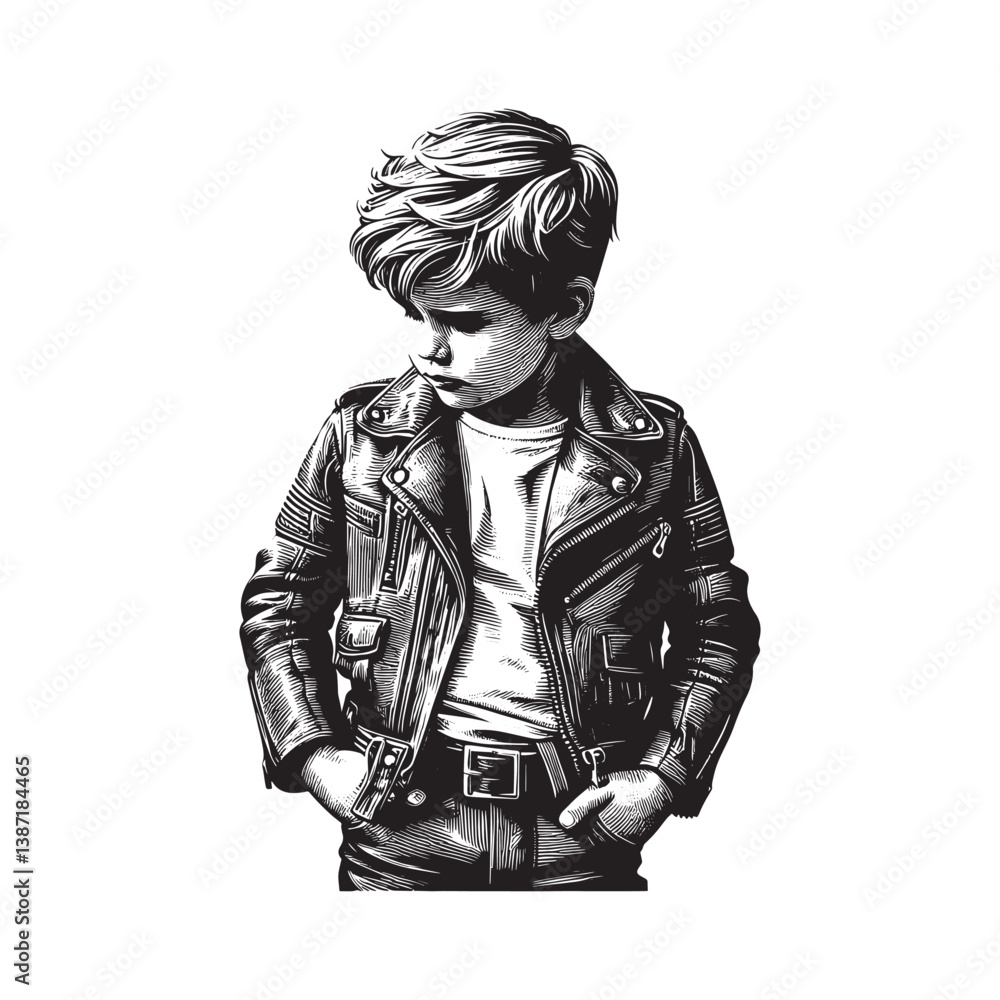 Fototapeta premium Stylish young boy showcasing fashion attire in a monochrome engraving style