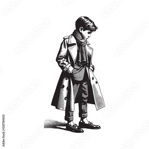 Stylish boy in trench coat and scarf woodcut illustration detail drawing