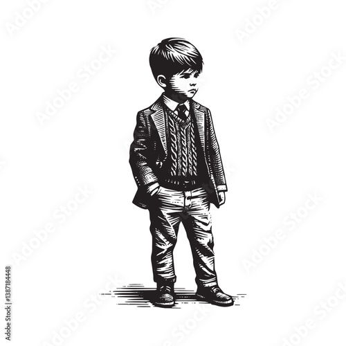 Stylish little boy portrait in smart-casual outfit with woodcut illustration style