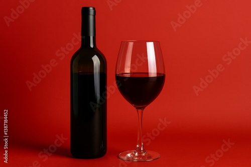 Elegant Red Wine Bottle and Glass on Vibrant Red Background During an Intimat...