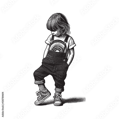 Stylized illustration of a young child with rainbow accents and vintage feel