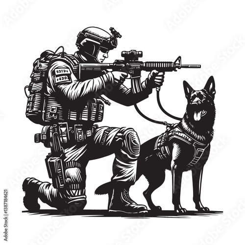 Stylized military dog handler illustration in action armed with tactical gear